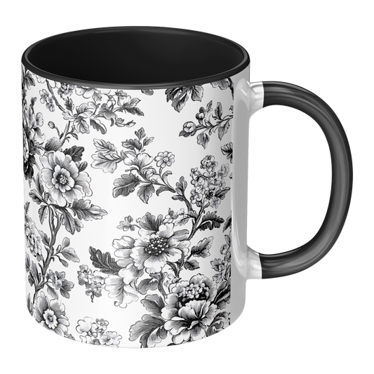 Black Toile Accent Mug – 11oz Ceramic with Elegant Floral Design