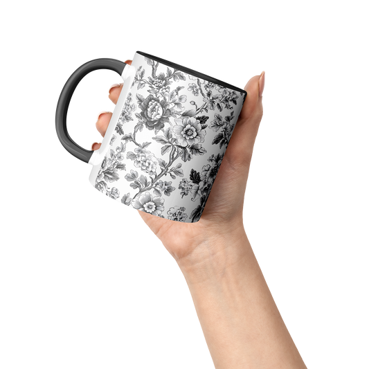 Black Toile Accent Mug – 11oz Ceramic with Elegant Floral Design