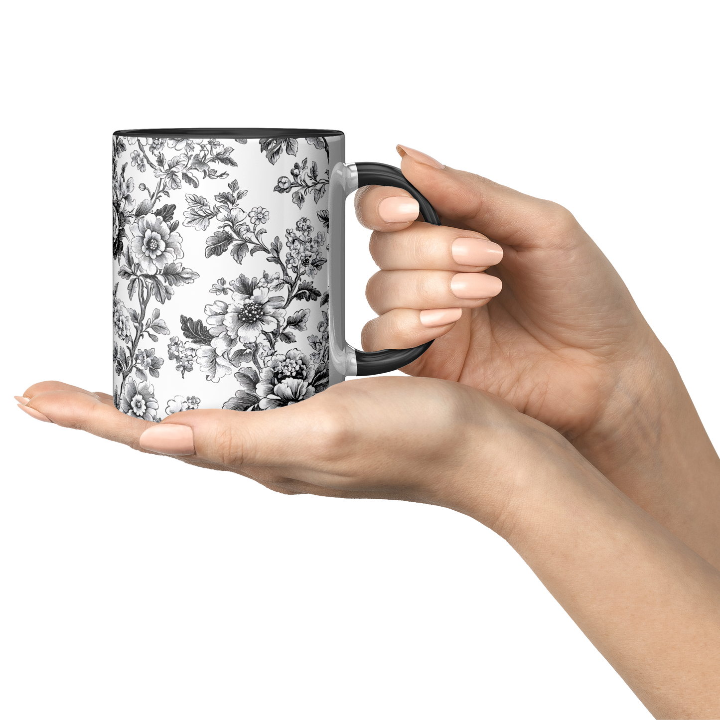 Black Toile Accent Mug – 11oz Ceramic with Elegant Floral Design
