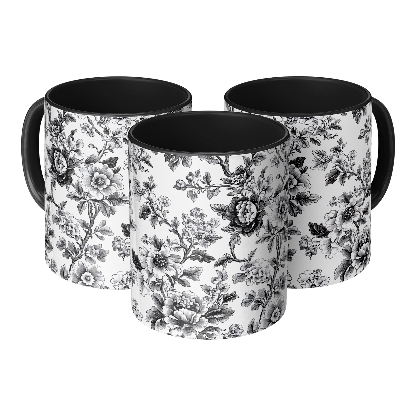 Black Toile Accent Mug – 11oz Ceramic with Elegant Floral Design