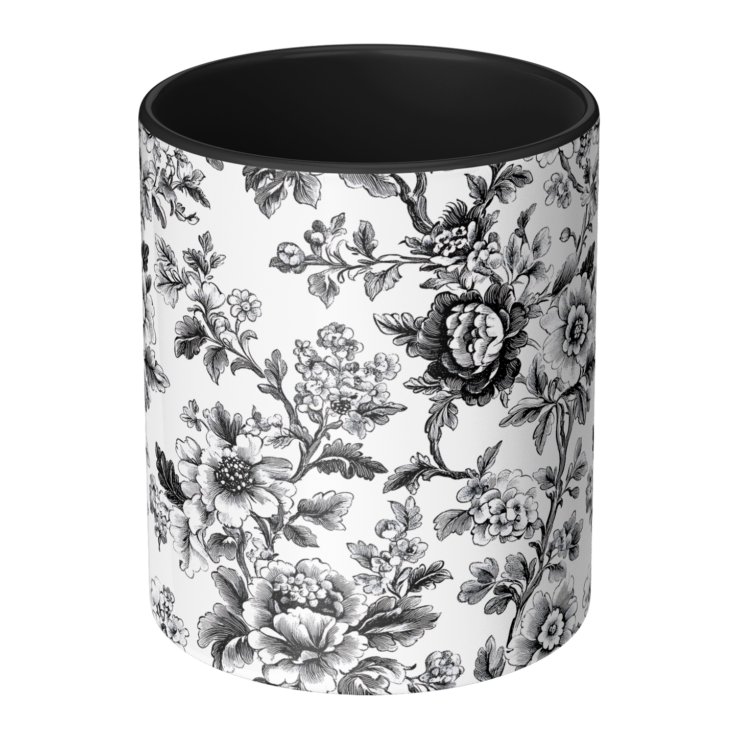 Black Toile Accent Mug – 11oz Ceramic with Elegant Floral Design