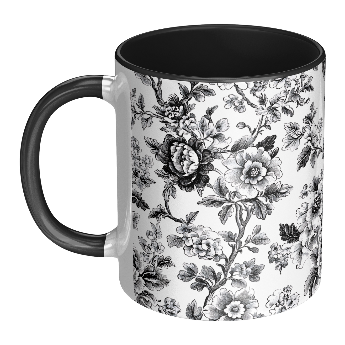 Black Toile Accent Mug – 11oz Ceramic with Elegant Floral Design