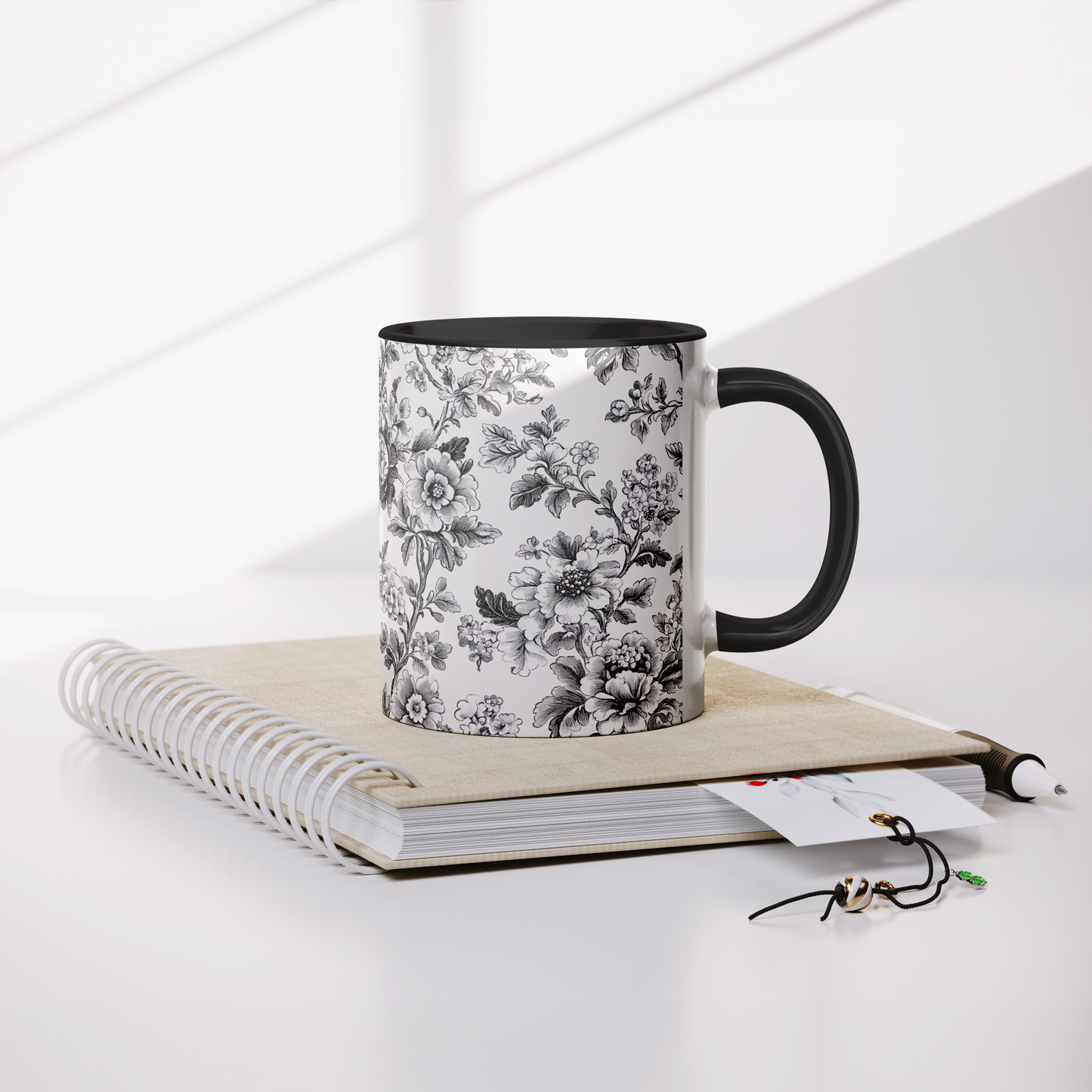 Black Toile Accent Mug – 11oz Ceramic with Elegant Floral Design