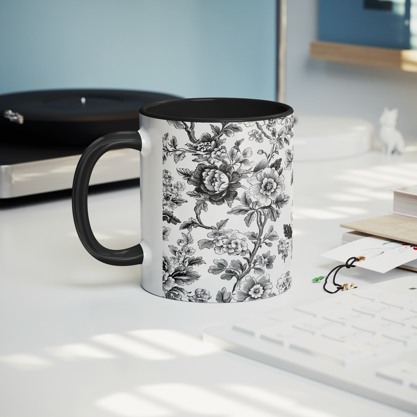 Black Toile Accent Mug – 11oz Ceramic with Elegant Floral Design