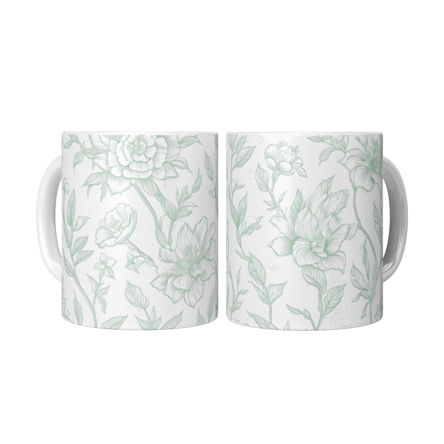 Green Toile Accent Mug – 11oz Ceramic Elegant floral Design