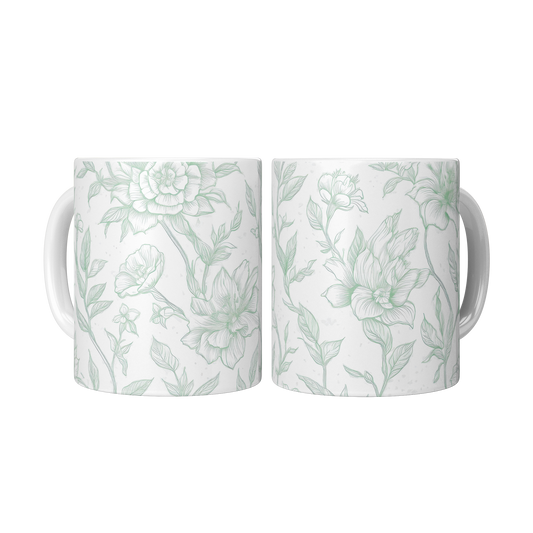 Green Toile Accent Mug – 11oz Ceramic Elegant floral Design