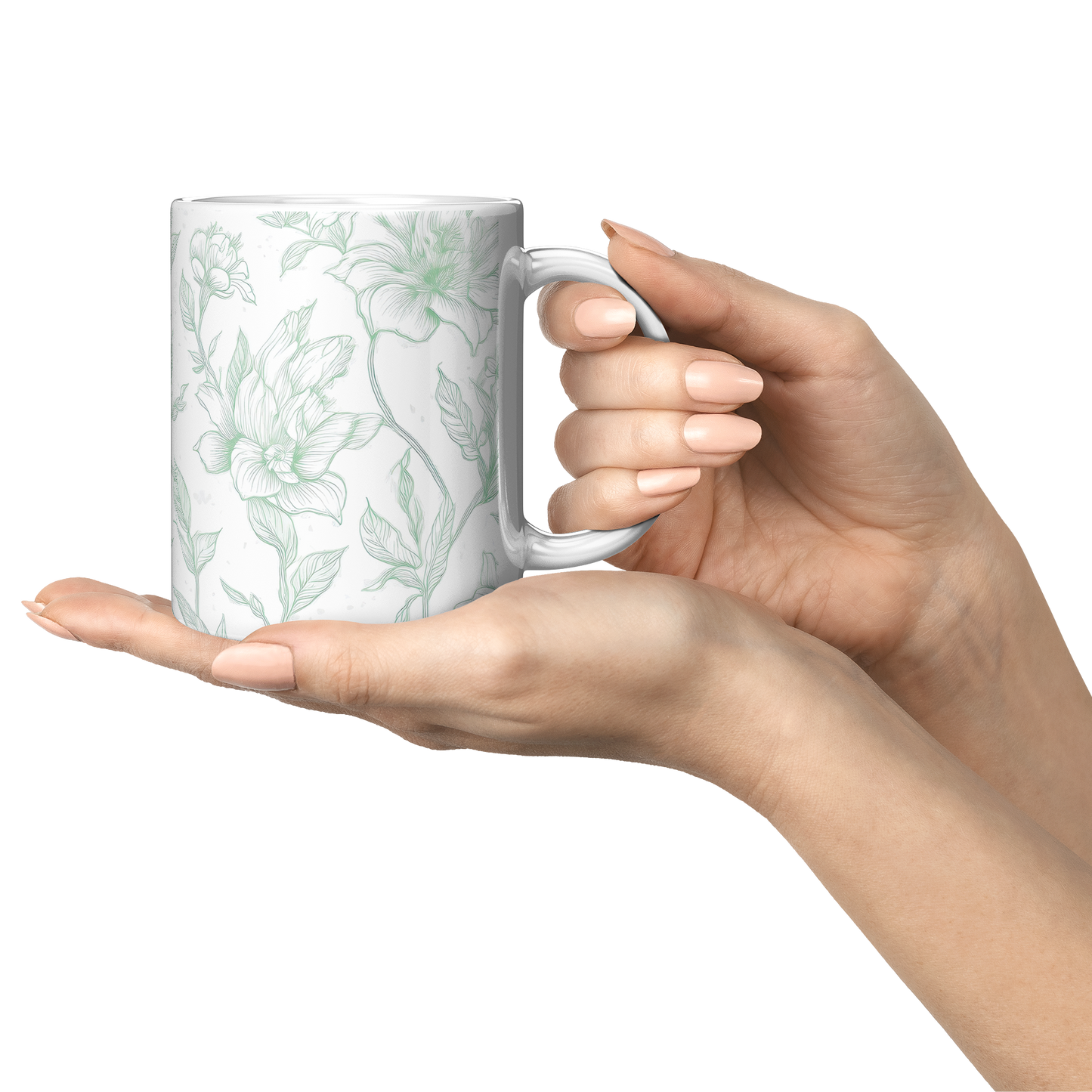 Green Toile Accent Mug – 11oz Ceramic Elegant floral Design