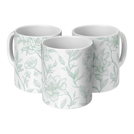 Green Toile Accent Mug – 11oz Ceramic Elegant floral Design