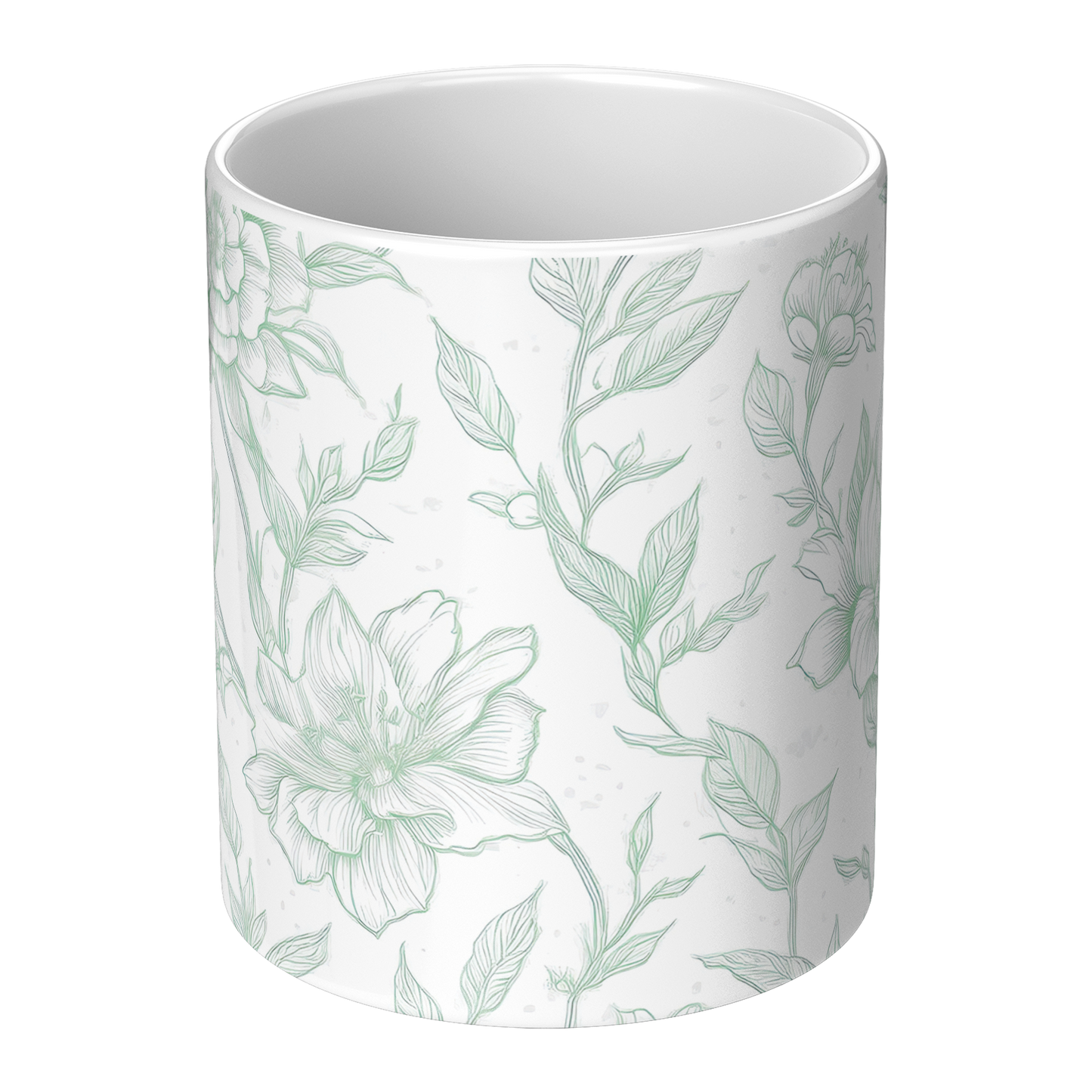 Green Toile Accent Mug – 11oz Ceramic Elegant floral Design