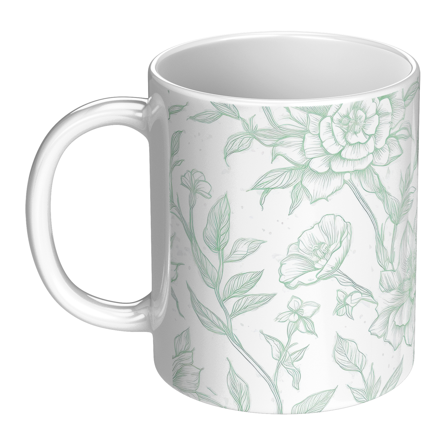 Green Toile Accent Mug – 11oz Ceramic Elegant floral Design