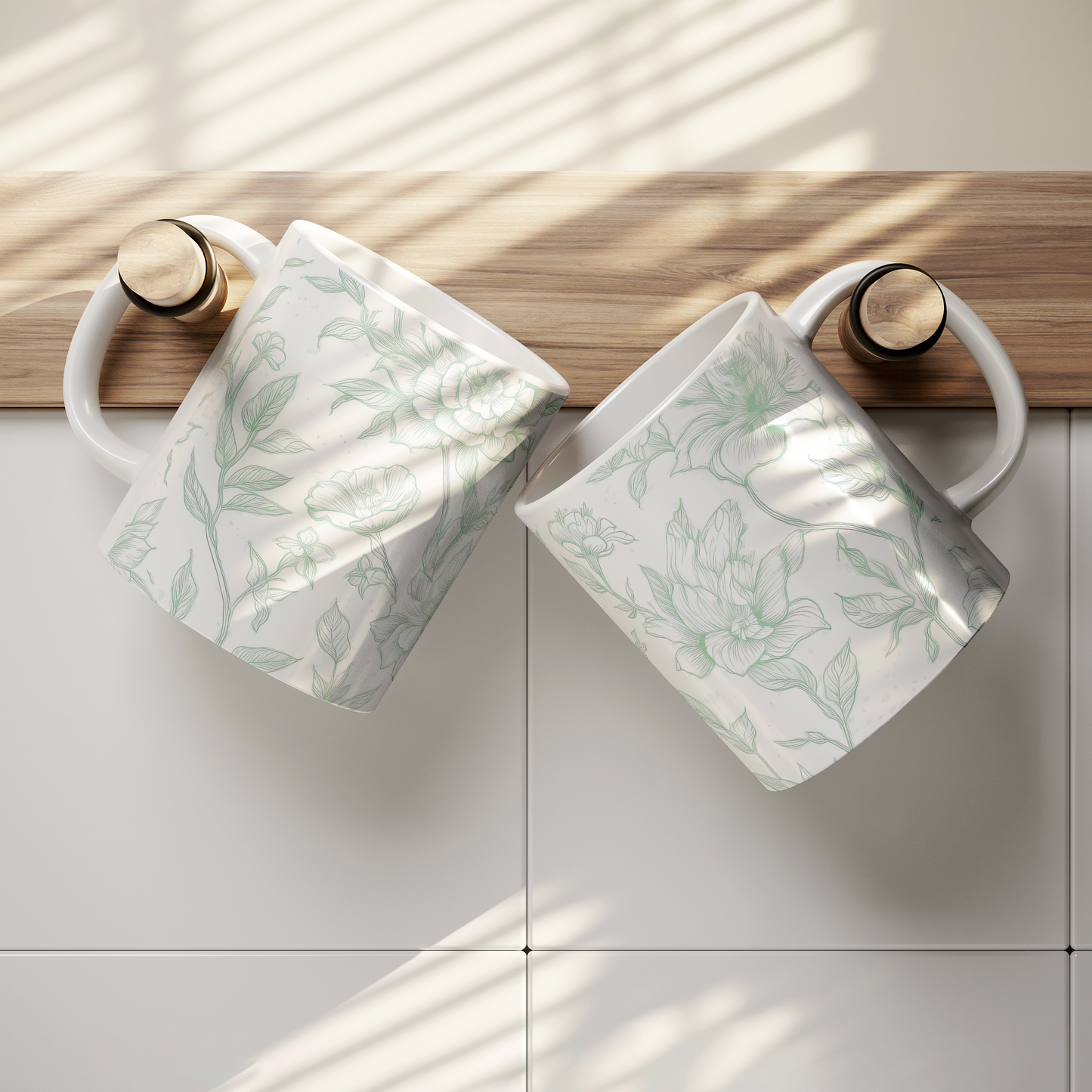 Green Toile Accent Mug – 11oz Ceramic Elegant floral Design