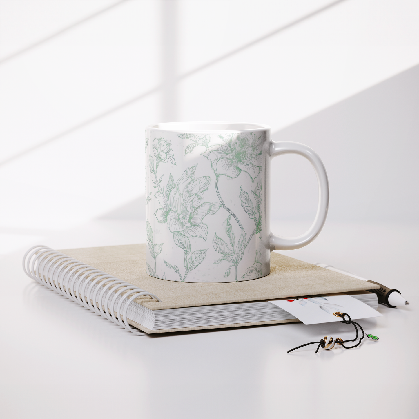 Green Toile Accent Mug – 11oz Ceramic Elegant floral Design