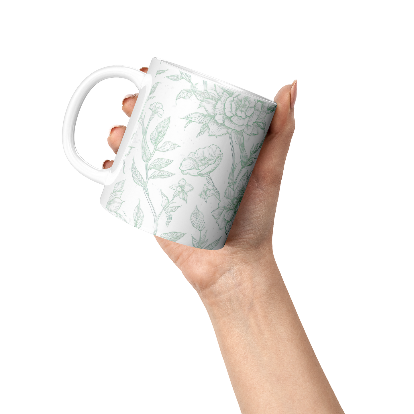 Green Toile Accent Mug – 11oz Ceramic Elegant floral Design