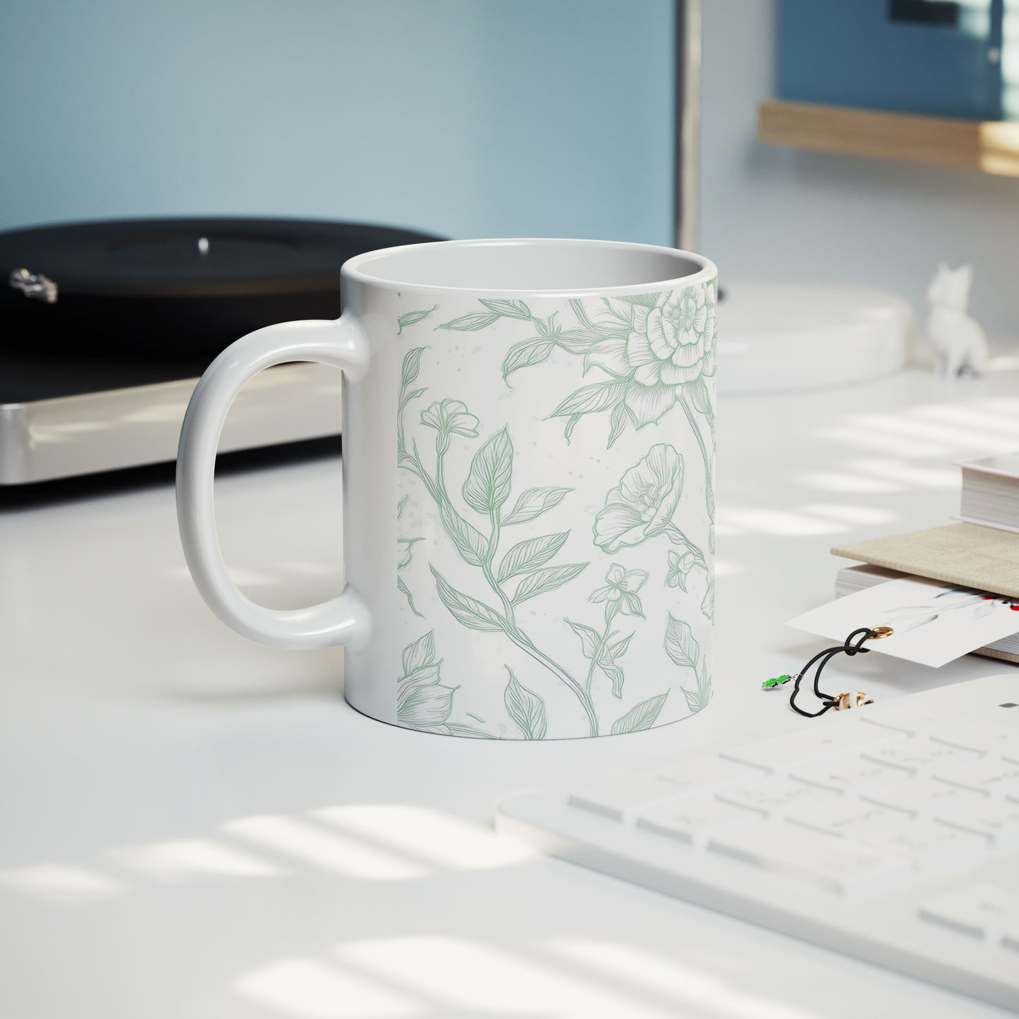 Green Toile Accent Mug – 11oz Ceramic Elegant floral Design