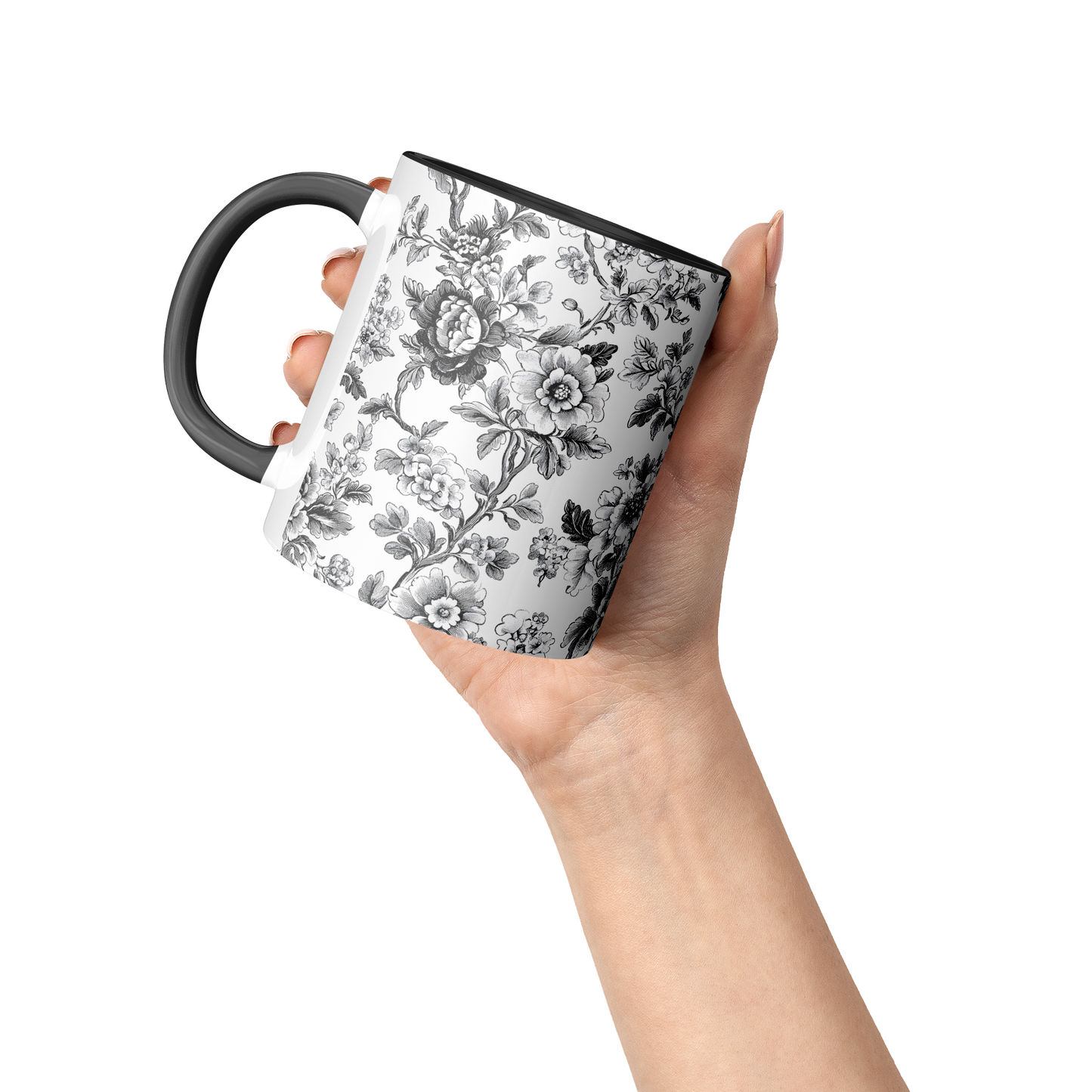 Black Toile Accent Mug – 11oz Ceramic with Elegant Floral Design