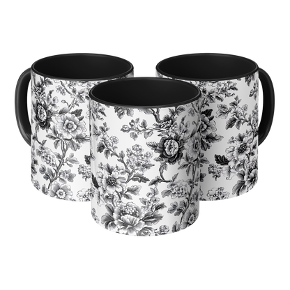 Black Toile Accent Mug – 11oz Ceramic with Elegant Floral Design