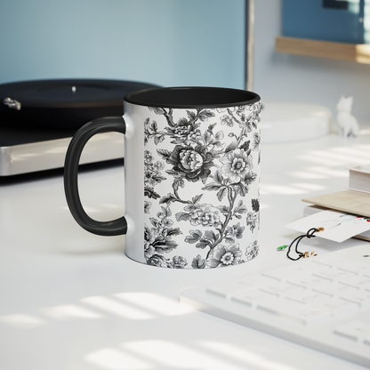 Black Toile Accent Mug – 11oz Ceramic with Elegant Floral Design