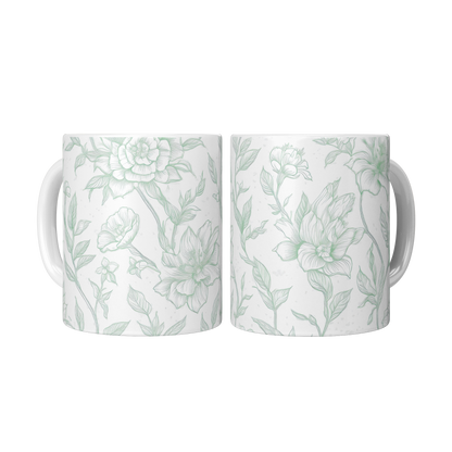 Green Toile Accent Mug – 11oz Ceramic Elegant floral Design