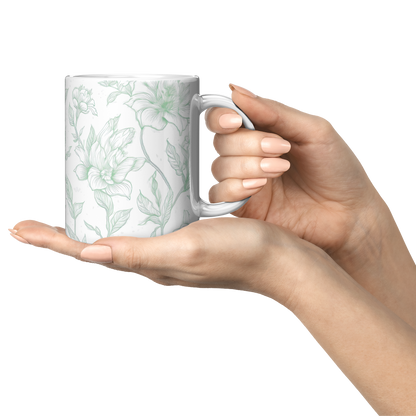 Green Toile Accent Mug – 11oz Ceramic Elegant floral Design