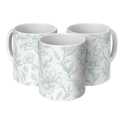 Green Toile Accent Mug – 11oz Ceramic Elegant floral Design