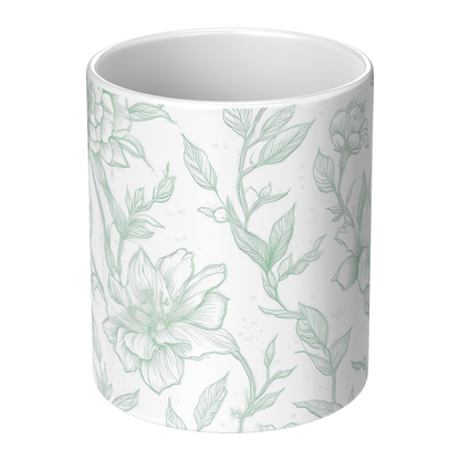 Green Toile Accent Mug – 11oz Ceramic Elegant floral Design