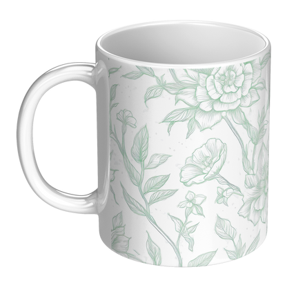 Green Toile Accent Mug – 11oz Ceramic Elegant floral Design