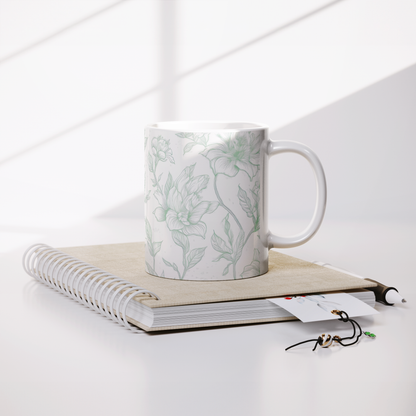 Green Toile Accent Mug – 11oz Ceramic Elegant floral Design