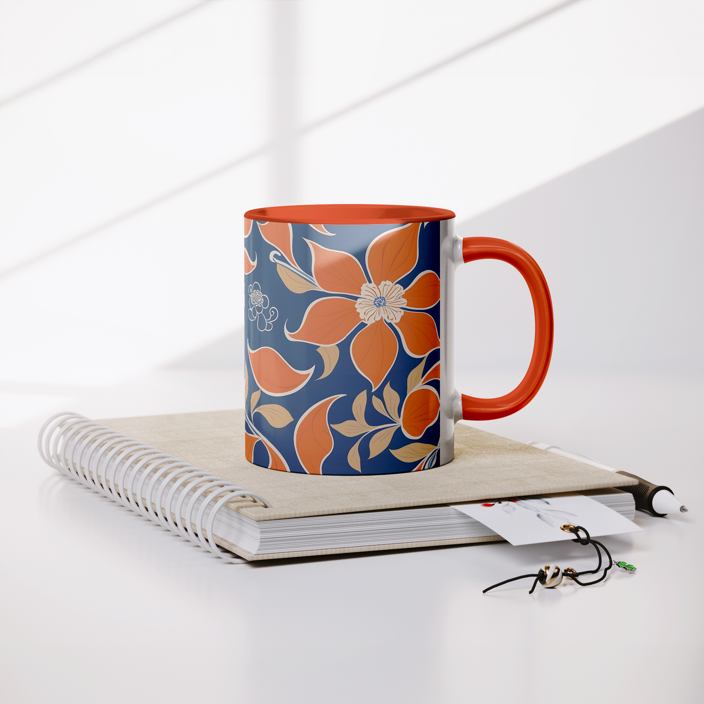 Orange Floral Accent Mug – 11oz Ceramic with Vibrant Vintage